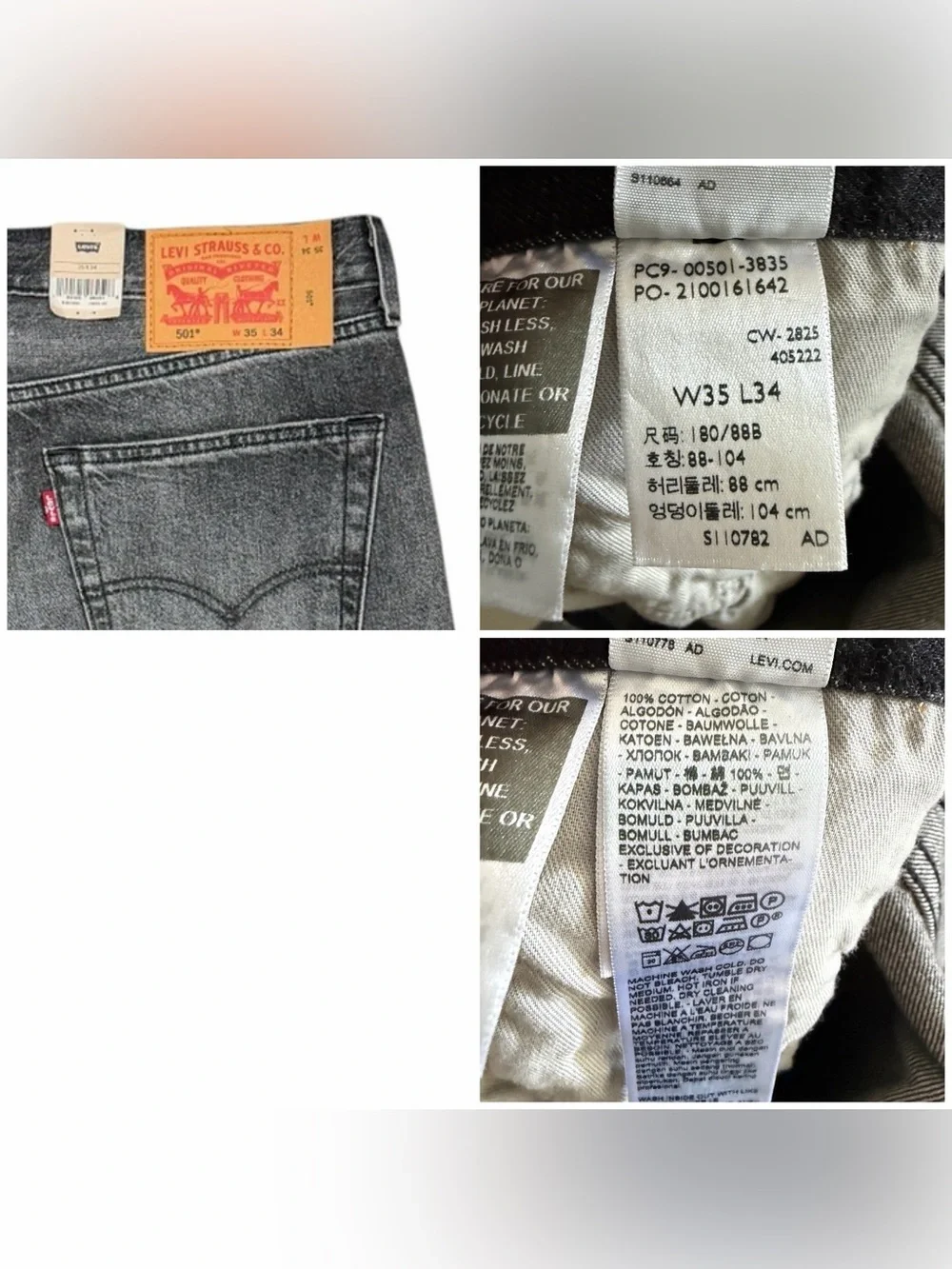 Levis Original 501 Original Straight Leg Jeans 35x34 Distressed Charcoal Gray